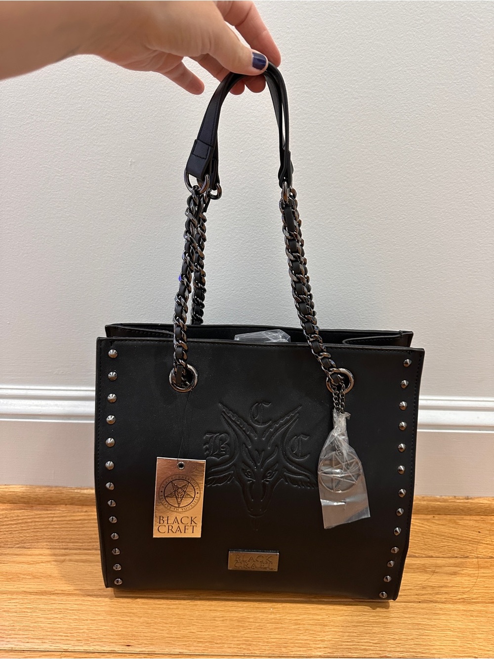 NWT Blackcraft Black Studded Shoulder Bag with Chain Handles - Picture 4 of 12